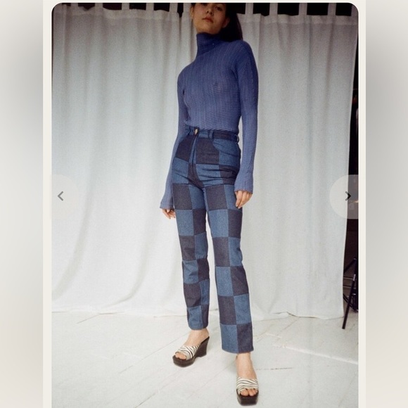 Checkered Jeans High Rise Straight Denim - Picture 3 of 16